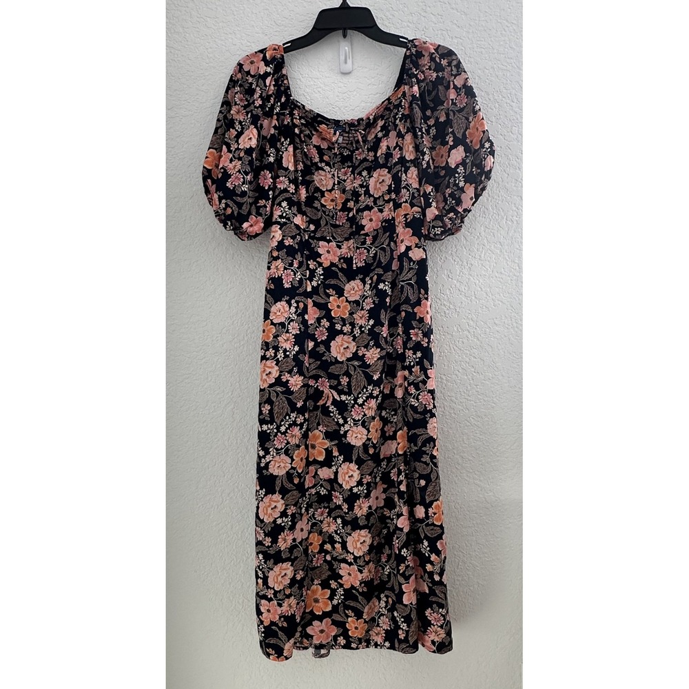 Old Navy‎ Square Neck Maxi Dress Womens S Navy Floral Smocked Puff Sleeve Boho